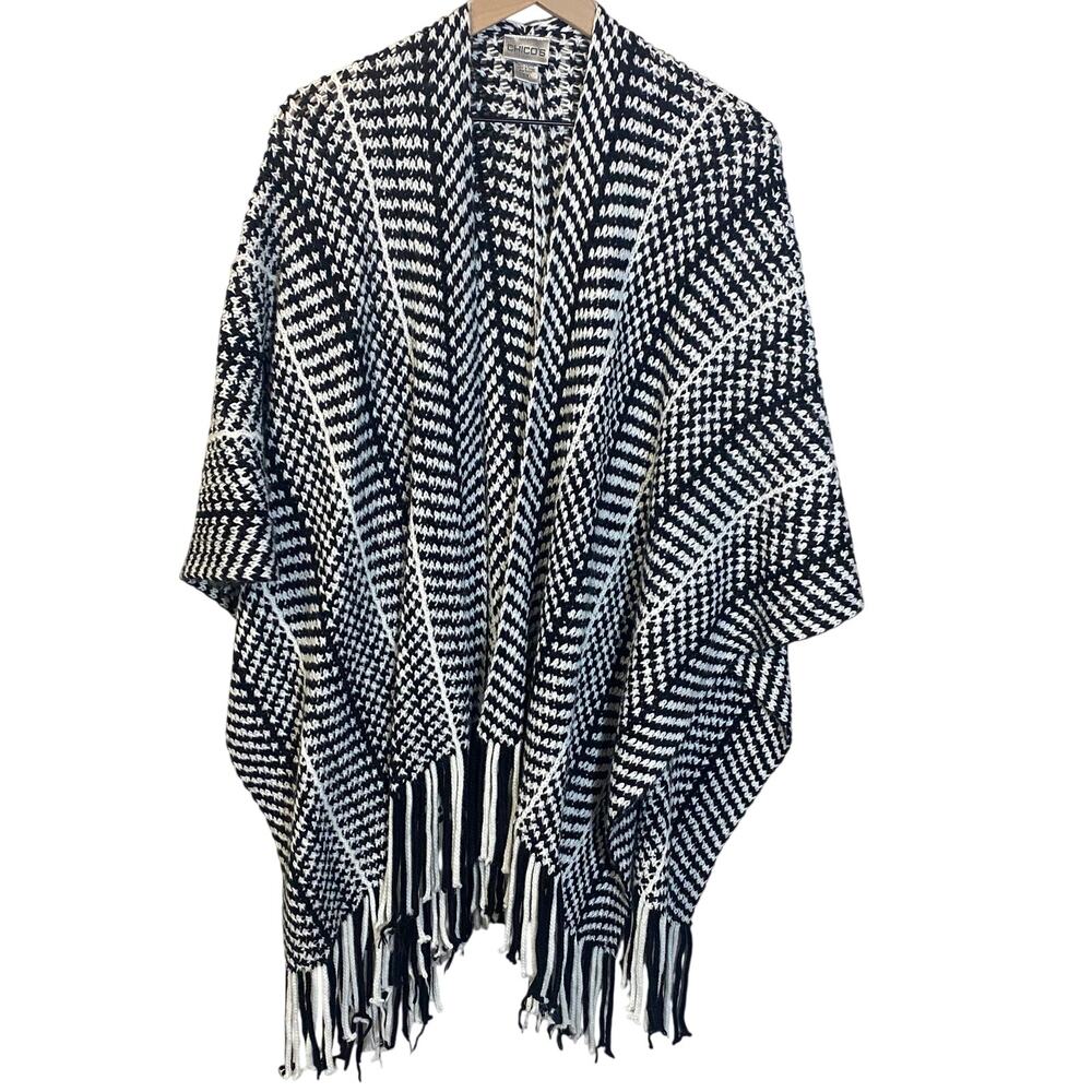 Chico's Striped Knit Fringe Ruana Cardigan Wrap Shawl Black White One Size